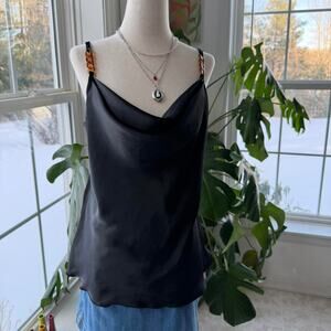Nicole Miller Black Cowl Neck Satin Tank Top